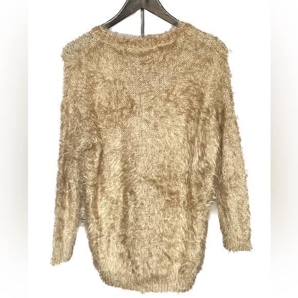 Chelsea & Violet Fuzzy Sweater Taupe Gold Crew Neck Sequin Pullover Women Large - Picture 2 of 10
